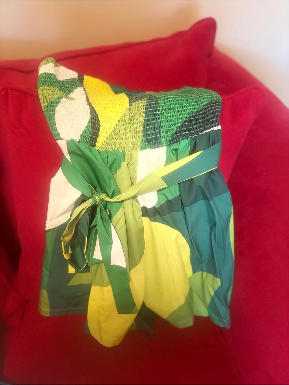 SHEIN Green & Yellow Strapless Smocked Romper